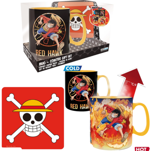 Pack Taza Termosensible 460 ml + Coaster Luffy Red Hawk One Piece